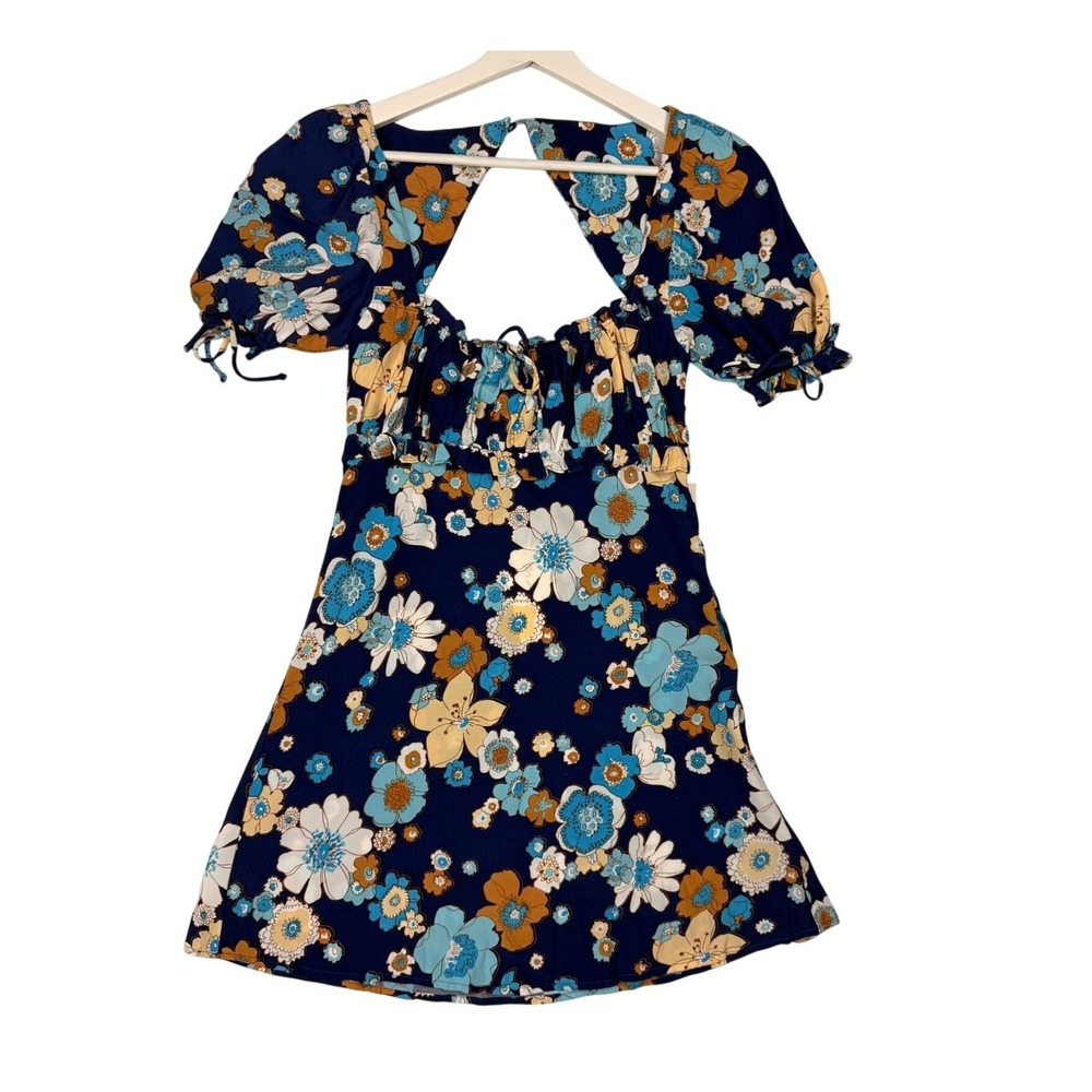 For Love & Lemons Floral Puff Sleeve Mini Dress Cutout Back Size XS Boho Retro